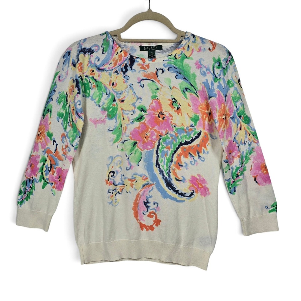 Lauren Ralph Lauren Sweater Womens M Floral Paisley Cream Multi 3/4 Sleeve Knit
